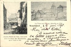 VINTAGE POSTCARD Swiss Neuchatel Turn with the dogs demolished in 1790 Old town hall with the bridge of Butcheries Chart 1898
