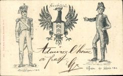 VINTAGE POSTCARD Swiss Neuchatel Eagle Artillerist 1812 genious Officer 1812 Militaria Chart 1899