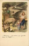 VINTAGE POSTCARD Fantasy Children Illustrator Poulbot Mom the pig which excavates in the dresser