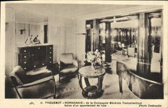 Barco interior de la POSTAL de la VENDIMIA del vapor de Normandía de la sala de estar transatlántica de General Company de un apartamento del piano de lujo