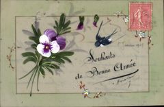 CPA Fantaisie Fleurs Hirondelle