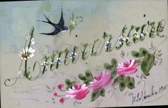 CPA Fantaisie Fleurs Anniversaire Hirondelle 