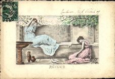 CPA DESSIN A LA MAIN Fantaisie Femme Reverie Signe Rose