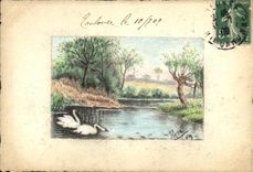 VINTAGE POSTCARD DRAWING WITH the HAND Fantasy Signs Pink Cygnes