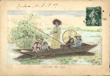 CPA DESSIN A LA MAIN Fleurs de Mai Signe Rose 1909 Enfants Barque Eventail