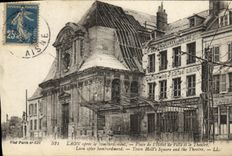 VINTAGE POSTCARD Laon after the bombardment Places town hall and the Militaria theater