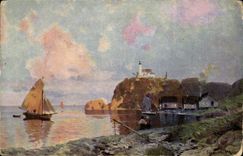 VINTAGE POSTCARD Landscape at the edge of the sea Boat