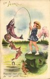 CPA Fantaisie Enfant Peche Poissons 1er avril Paques