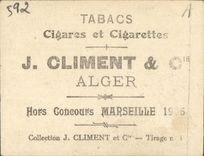Carte de cigarette Tabacs Climent Alger Artiste Boie Cigarettes Climent