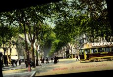 VINTAGE POSTCARD Barcelona Fixes the Cortes Gran Via Tramway