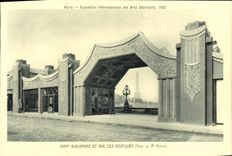 VINTAGE POSTCARD Paris Expostition International of decorative arts bridge Alexandre and street of the shops Eiffel Tower