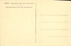 POSTAL París Expostition de la VENDIMIA de panorámico vista artes decorativos hacia el puente Alejandro III