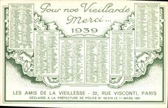 VINTAGE POSTCARD Calendar 1939 Friends Of Old age Street Visconti Paris