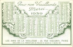 VINTAGE POSTCARD Friends Of Old age Street Visconti Paris Calendar 1939