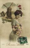 VINTAGE POSTCARD Happy New Year Woman Windmill