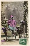 VINTAGE POSTCARD Happy New Year Children Toboggan