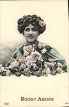 VINTAGE POSTCARD Happy New Year Woman Flowers