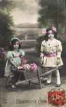 VINTAGE POSTCARD Happy Year Children Wheelbarrow
