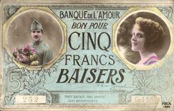 VINTAGE POSTCARD Bank of the love Five Francs Kisses Militaria Soldier