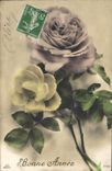 VINTAGE POSTCARD Happy New Year Pink Flowers