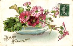 CPA Heureux Anniversaire Fleurs 
