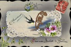 CPA Fantaisie Fleurs Hirondelle 