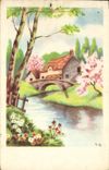 VINTAGE POSTCARD Happy New Year Windmill Horseshoe