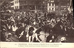 VINTAGE POSTCARD Strasbourg Entree solemn of the Marshal Petain November 25th, 1918 the genral Dupieu escorts by the Alsatian young people