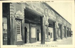 Exposición internacional de París de la POSTAL de la VENDIMIA de la galería de artes decorativa de las tiendas en la terraza de la estación