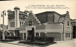 CPA Paris Exposition des Arts Decoratifs Pavillon des tissus et etoffes d'ameublement Roubaix Tourcoing tour Champagne