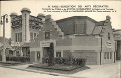 CPA Paris Exposition des Arts Decoratifs Pavillon des tissus et etoffes d'ameublement Roubaix Tourcoing tour Champagne