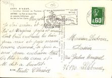 POSTAL Antibes de la VENDIMIA el puerto y la chica joven en folklore popular del traje