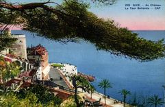 POSTAL de la VENDIMIA Niza con el castillo la torre de Bellanda