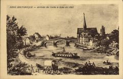 VINTAGE POSTCARD Historical Sens Arrival of the Stage coach has Sens in 1825