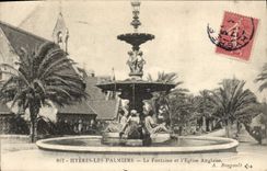Palmeras de Hyeres de la POSTAL de la VENDIMIA la fuente y el inglés de I Eglise
