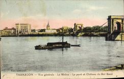 CPA Tarascon Vue Generale Le Rhone Le Pont et Chateau du roi Rene Bateau 
