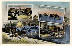 CPA Marseille Un Souvenir Palais de Longchamp Chateau d'if Cannebiere 