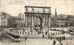 CPA Marseille la place d'aix et arc de Triomphe Tramway