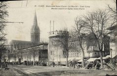 La vuelta de Leroy del mercado del Saint Pierre del bulevar de Caen de la POSTAL de la VENDIMIA va Saint Pierre cubierto y de la iglesia
