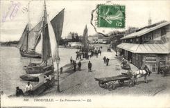VINTAGE POSTCARD Trouville the fish shop Boat