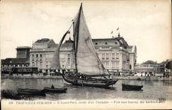 VINTAGE POSTCARD Trouville on sea before port left a trawler Boat
