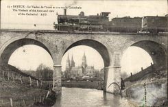 La POSTAL Bayeux de la VENDIMIA el viaducto del aure y vista en la catedral entrena