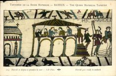 La POSTAL Tafisserie de la VENDIMIA de la reina Matilde que se presenta Bayeux Harold tiene que tomar el mar