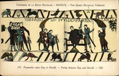 CPA Tapisserie de la reine mathilde Bayeux Pourparlet entre Guy et Harold