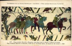 La POSTAL Tapisserie de la VENDIMIA de los plomos Harold del individuo de la reina Matilde Bayeux tiene Beaurin