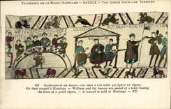 CPA Tapisserie de la reine mathilde Bayeux Guillaume et ses barons sont assis a une table