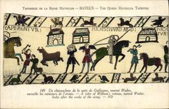 La POSTAL Tapisserie de la VENDIMIA de la reina Matilde Bayeux un chevauchor de la continuación de Guillermo nombra Wadar