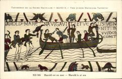 CPA Tapisserie de la reine nathilde Bayeux Harold est en mer 