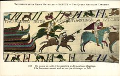 La POSTAL Tapisserie de la VENDIMIA de la reina Matilde Bayeux una entra para arriba en caballos de silla de montar