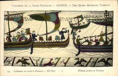 La POSTAL Tapisserie de la VENDIMIA de la reina Matilde que llegó Bayeux Guillermo tiene Pevensey